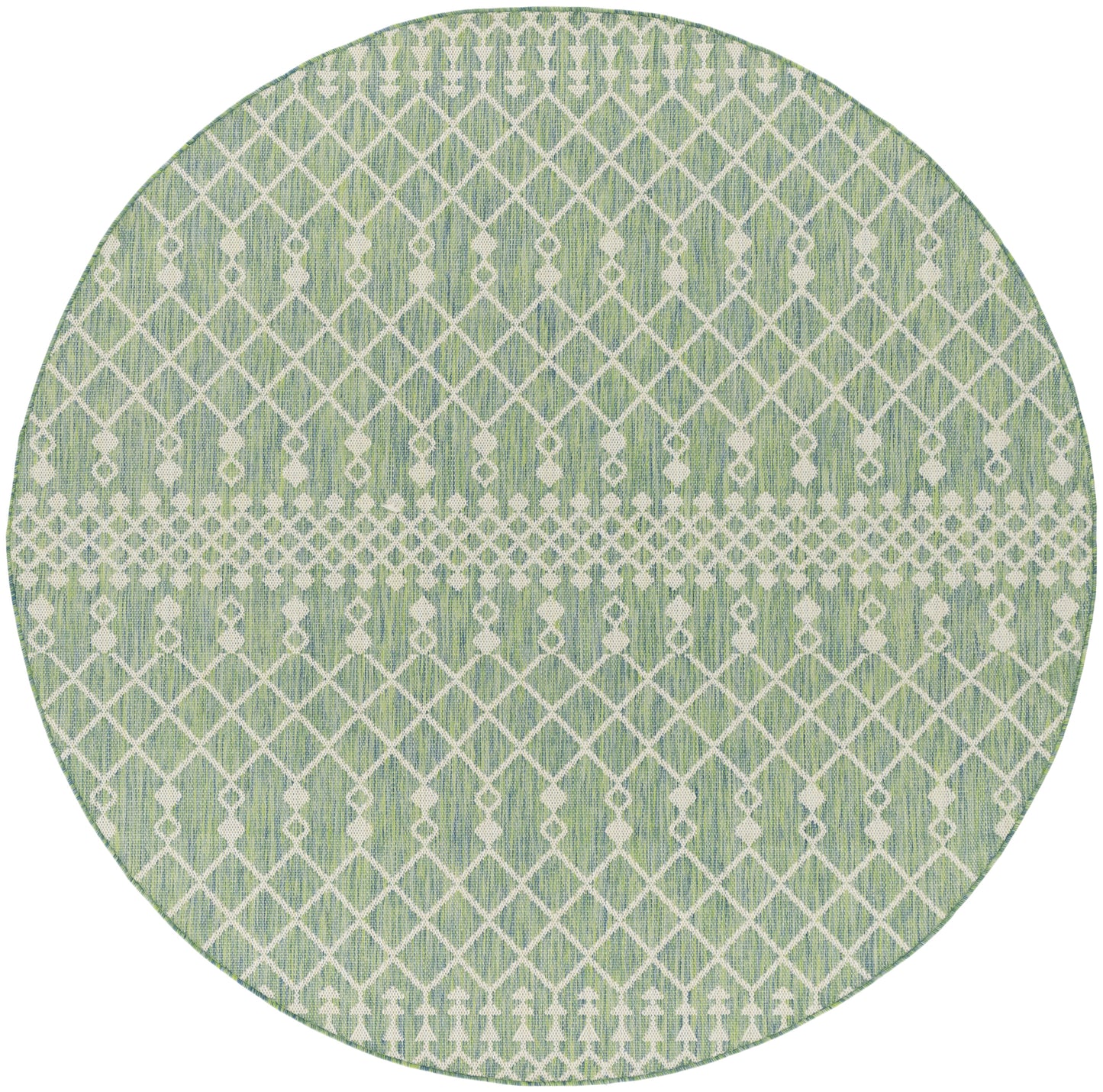 Round green rug with white geometric lattice pattern and a pale central band; woven texture.