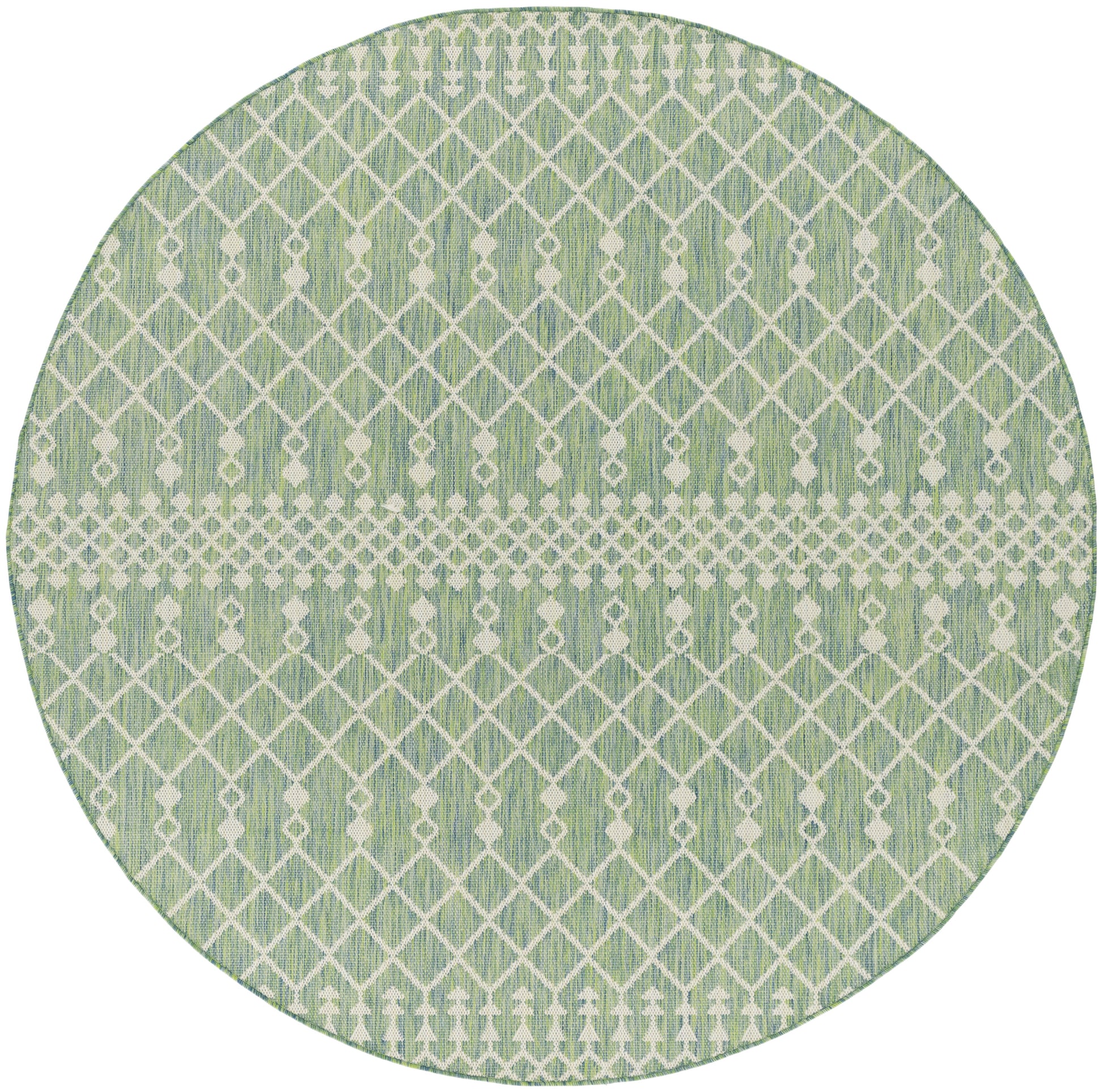 Round green rug with white geometric lattice pattern and a pale central band; woven texture.