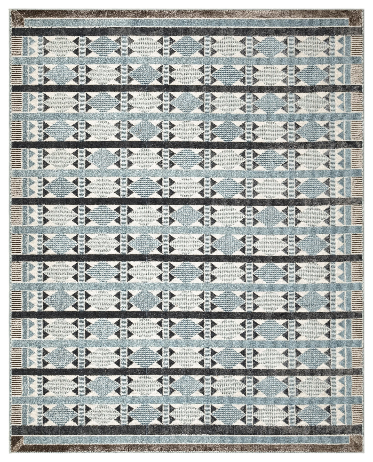 Geometric area rug with white field, light blue diamond motifs, black accents, blue-gray border bands, and brown outer trim.