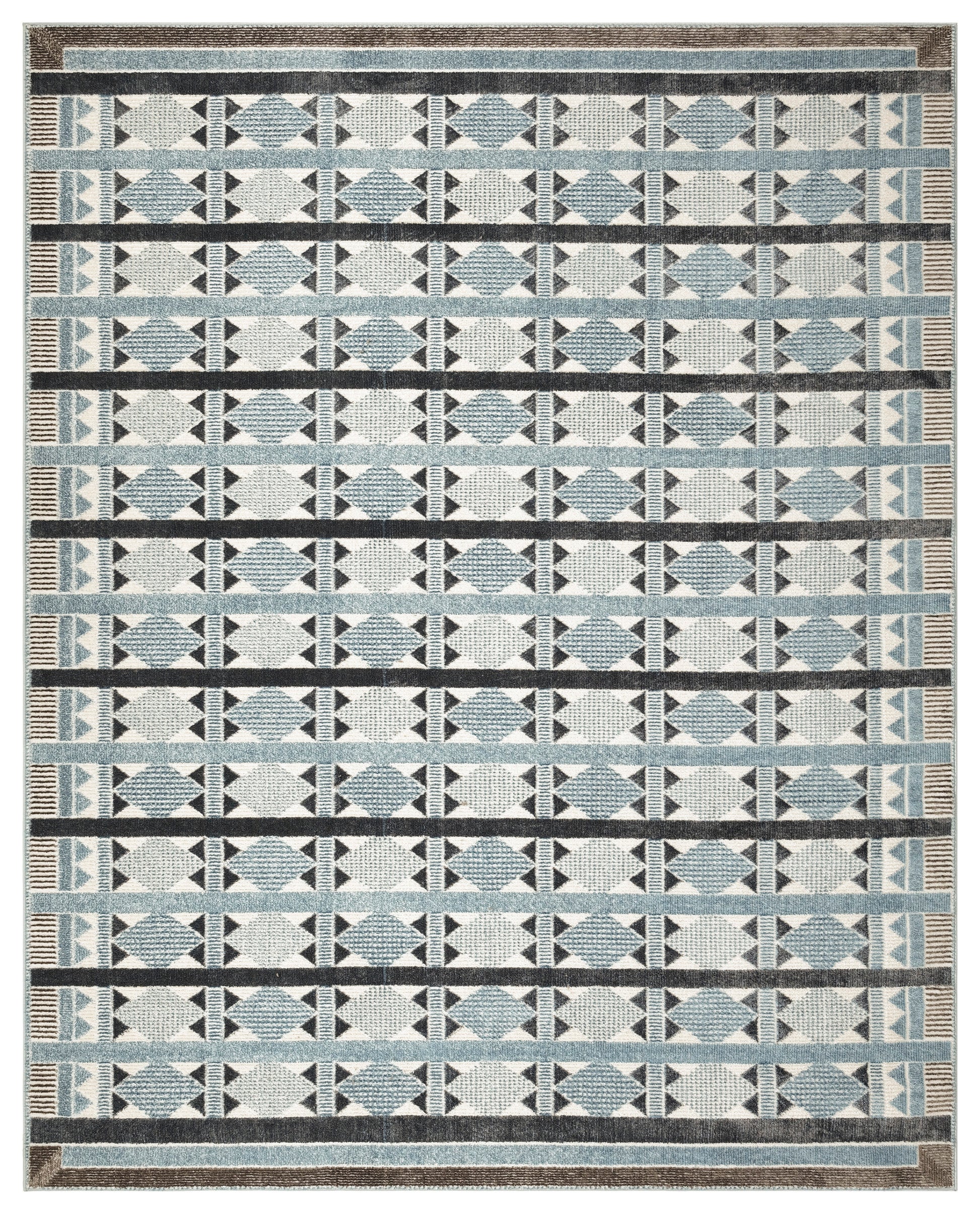 Geometric area rug with white field, light blue diamond motifs, black accents, blue-gray border bands, and brown outer trim.