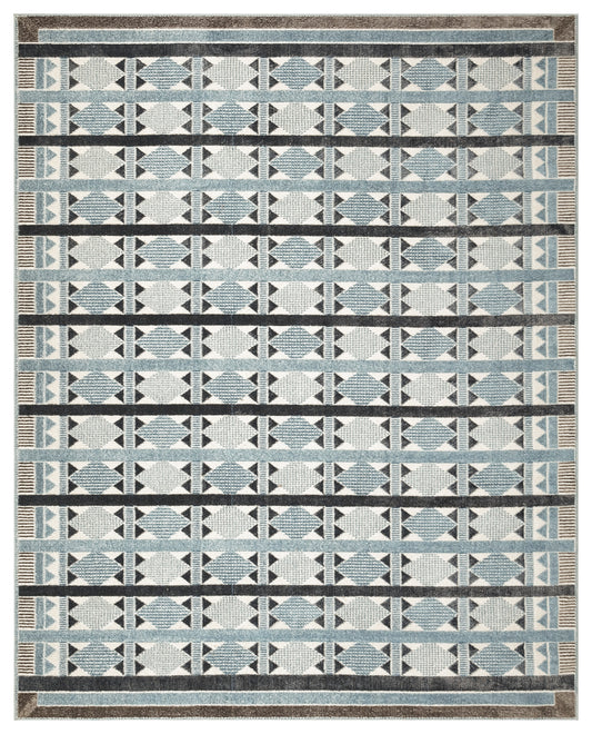 Geometric area rug with white field, light blue diamond motifs, black accents, blue-gray border bands, and brown outer trim.