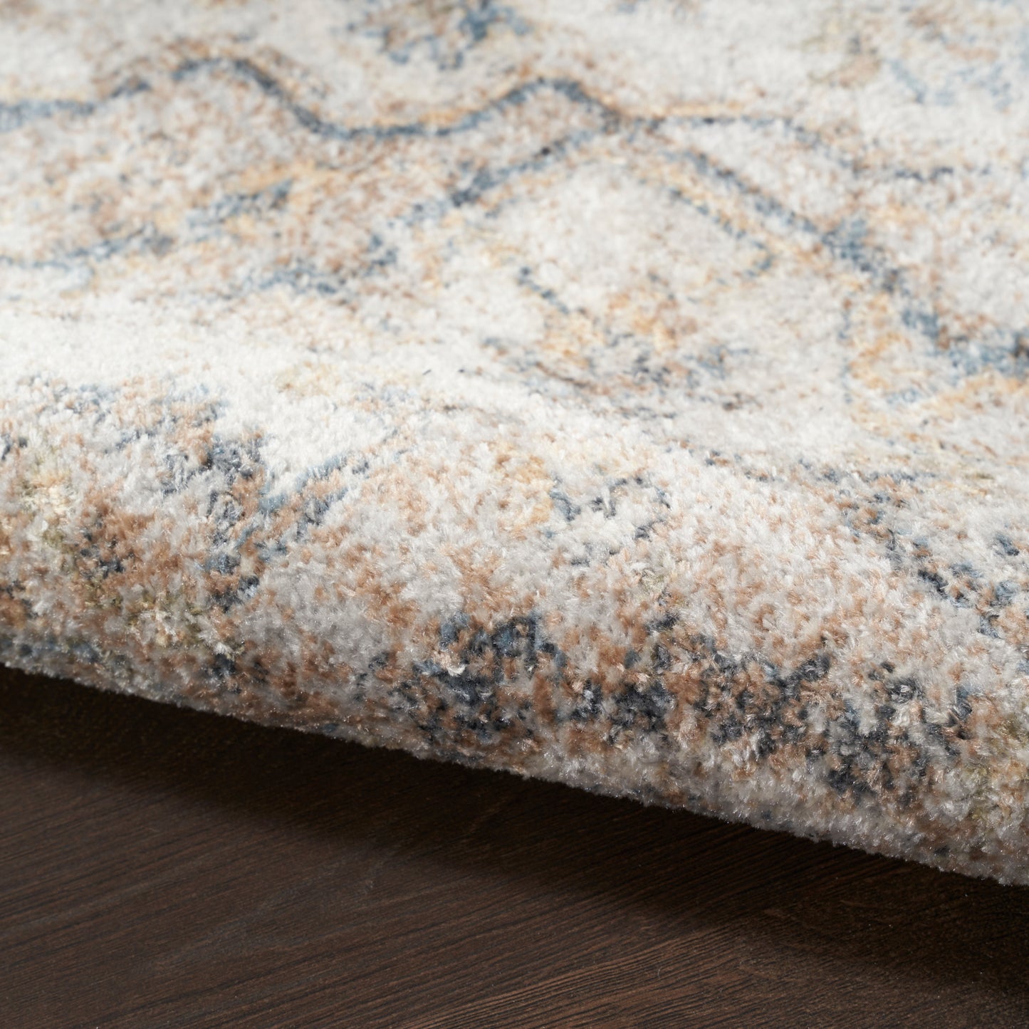 Close-up of a plush, patterned area rug with ivory, tan and blue tones on dark wood floor.