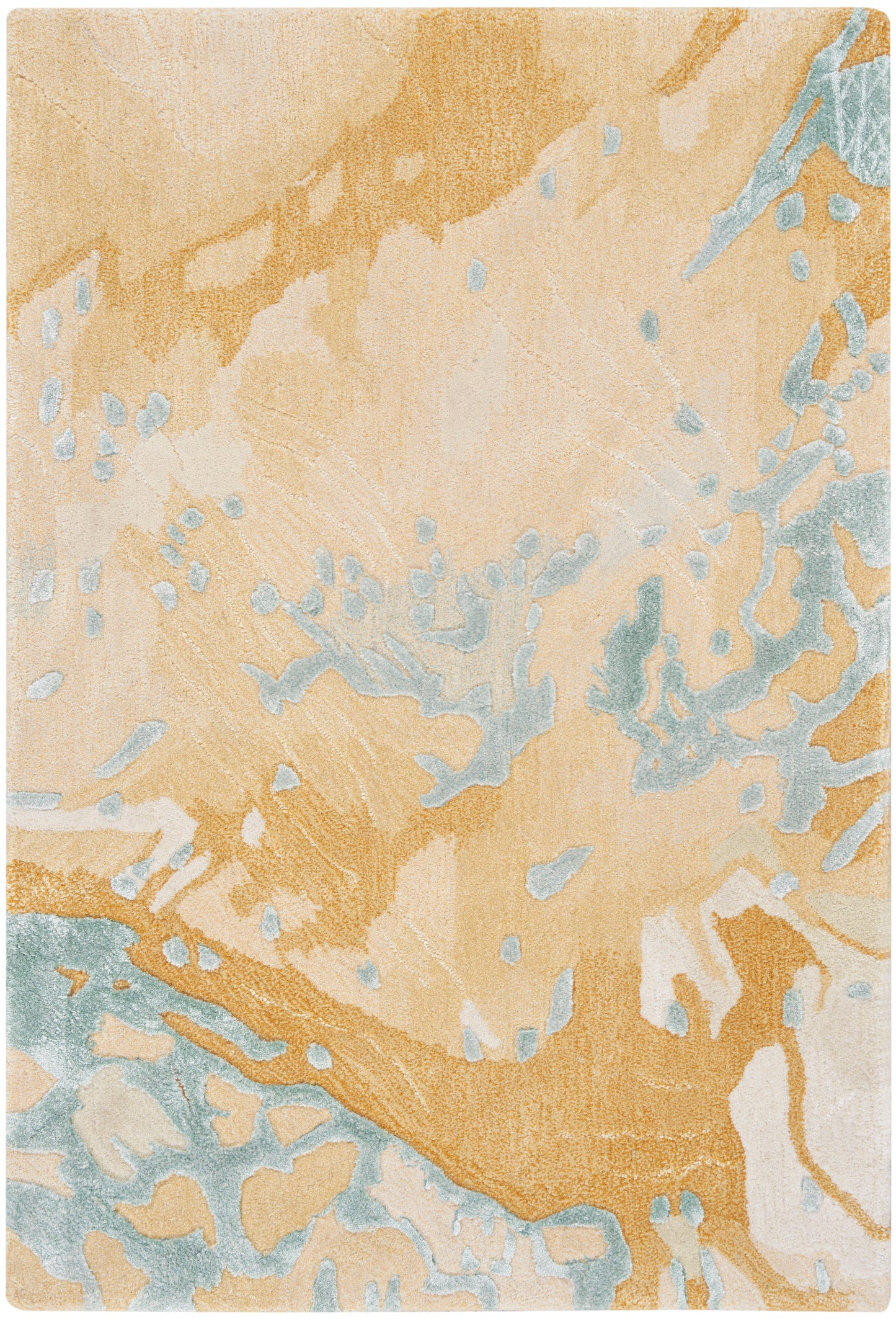 Abstract patterned area rug in peach, ivory, and pale blue with watercolor-like swirls for modern living spaces.