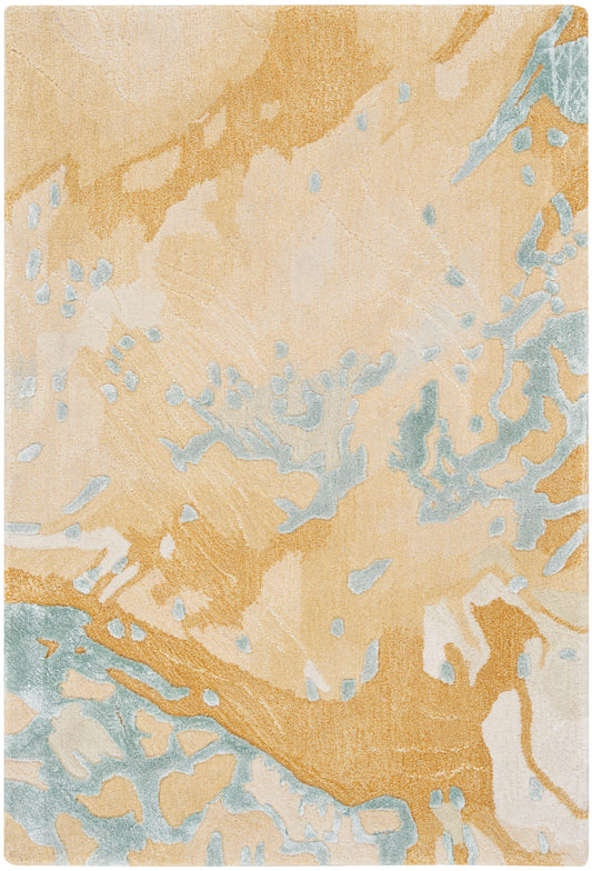 Abstract patterned area rug in peach, ivory, and pale blue with watercolor-like swirls for modern living spaces.