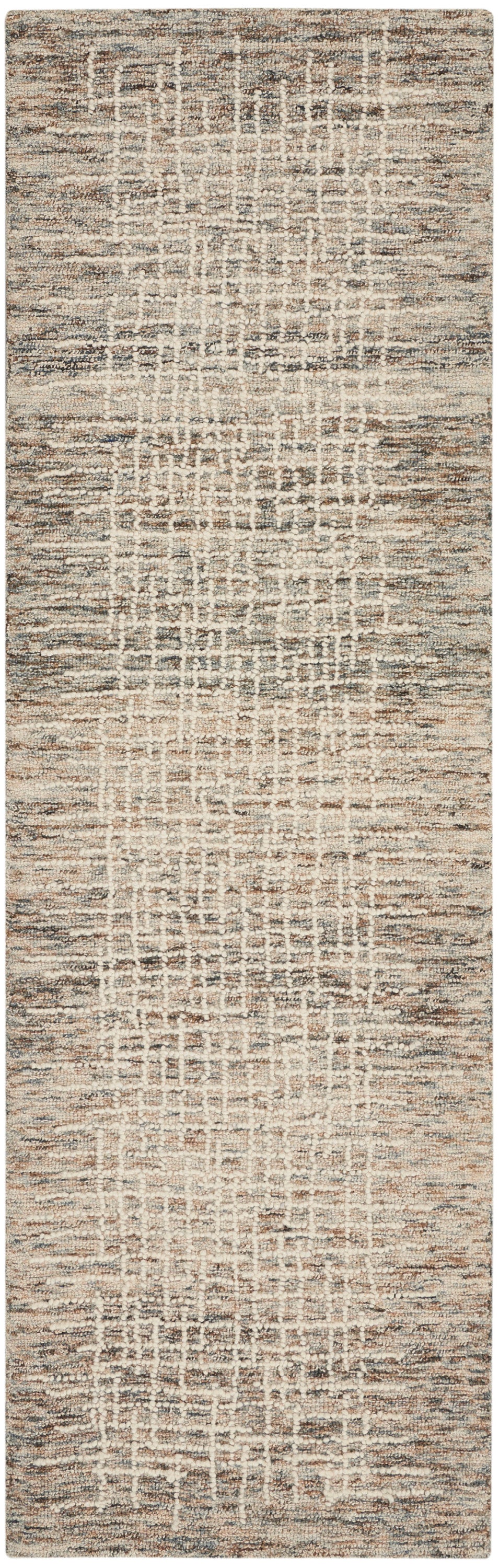 Neutral abstract runner rug with cream, beige, taupe and gray tones; textured grid pattern, plush pile.