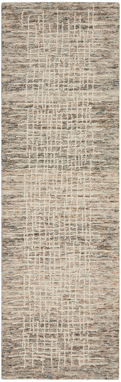 Neutral abstract runner rug with cream, beige, taupe and gray tones; textured grid pattern, plush pile.