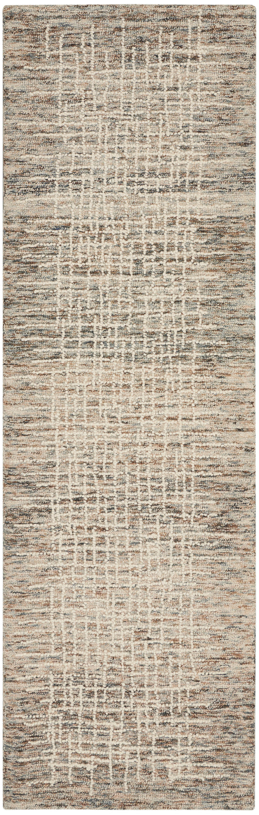 Neutral abstract runner rug with cream, beige, taupe and gray tones; textured grid pattern, plush pile.