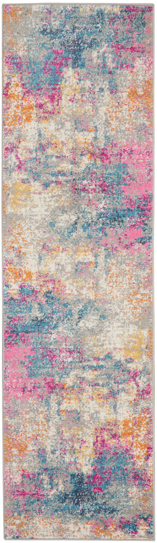Abstract distressed multicolor area rug, pink, blue, orange and cream tones; long runner for contemporary decor.