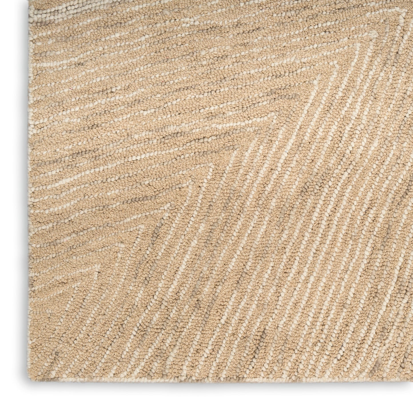 Beige textured rug with white chevron stripes in woven boucle; rectangular natural floor covering.