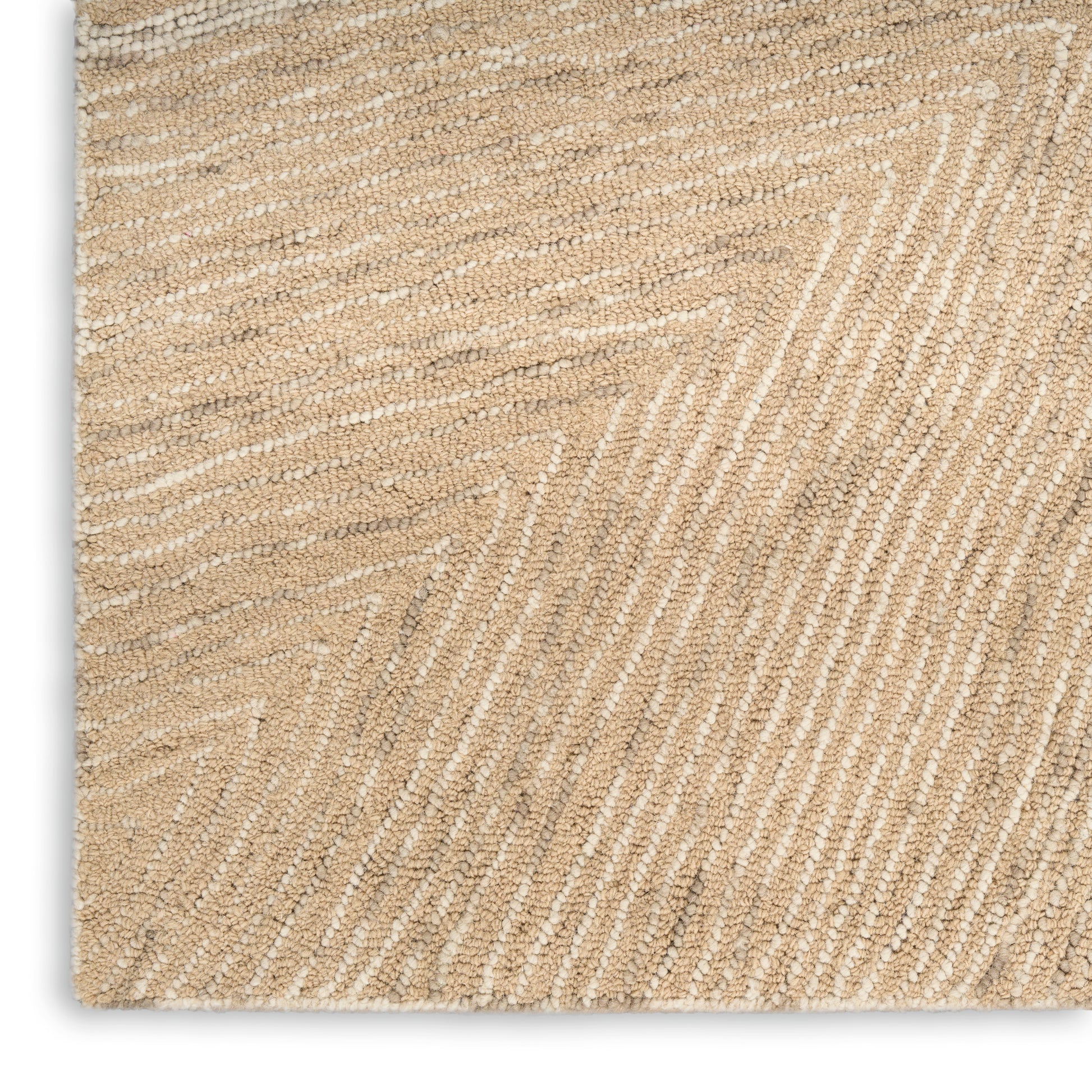 Beige textured rug with white chevron stripes in woven boucle; rectangular natural floor covering.