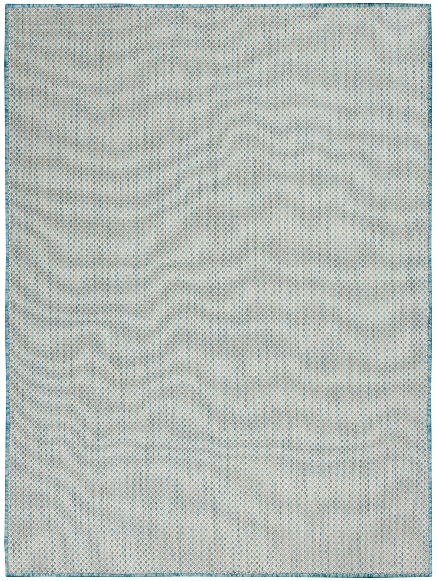 Rectangular woven rug in pale blue and white with a fine diamond lattice pattern and teal border.