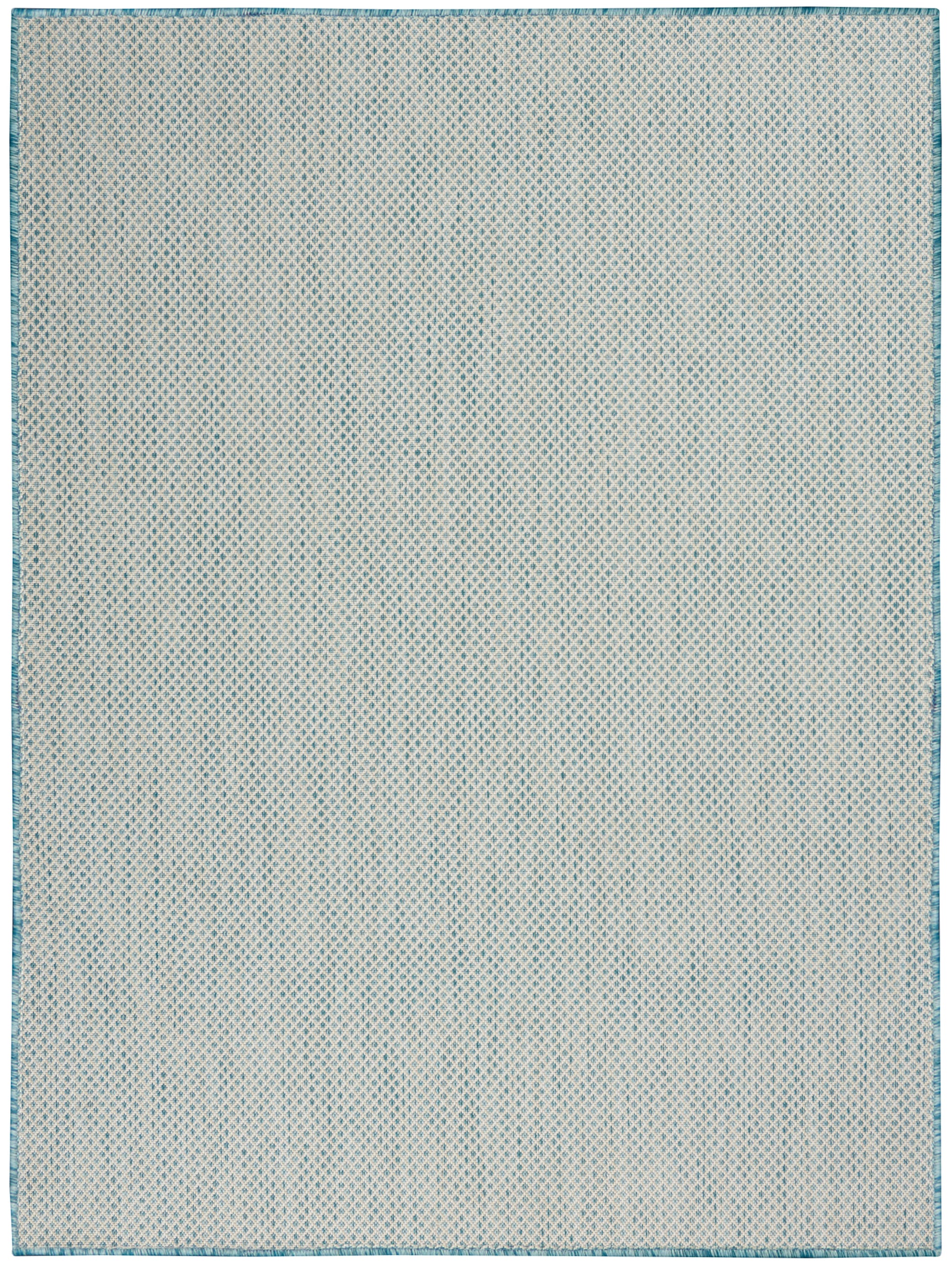 Rectangular woven rug in pale blue and white with a fine diamond lattice pattern and teal border.