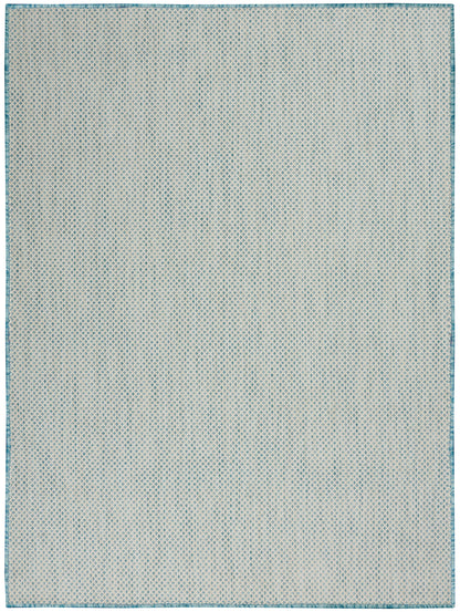 Rectangular woven rug in pale blue and white with a fine diamond lattice pattern and teal border.