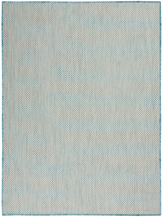 Rectangular woven rug in pale blue and white with a fine diamond lattice pattern and teal border.