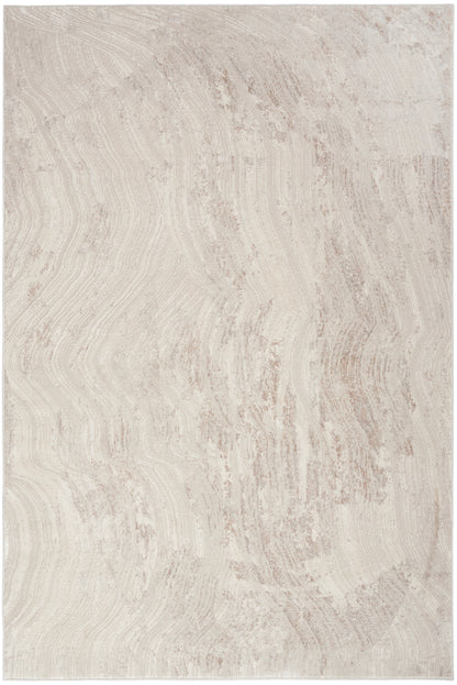Rectangular beige rug with soft cream and taupe wavy lines; neutral contemporary style.