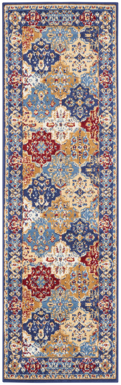 Persian-inspired long runner rug with blue border and intricate gold, ivory, and red floral medallions.