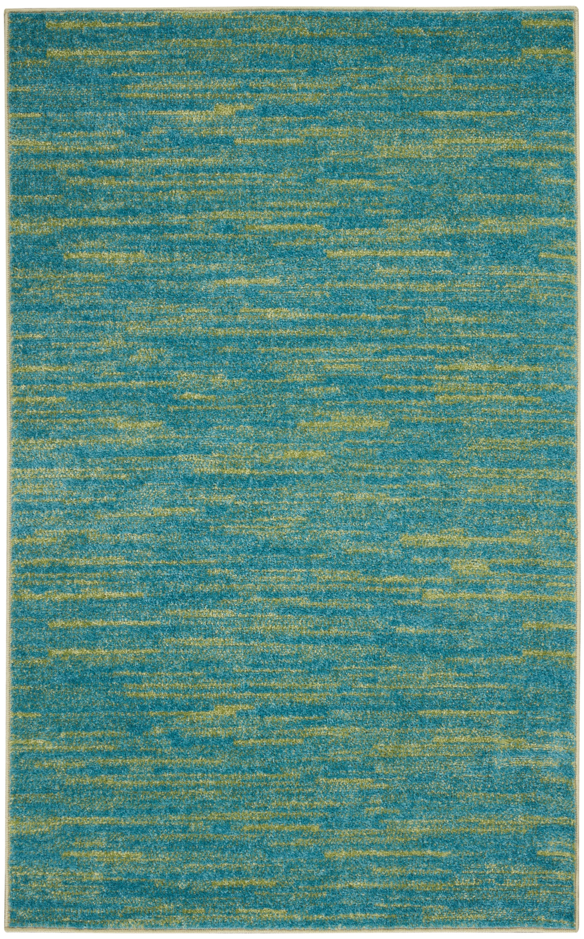 Teal blue and yellow-green abstract rug with streaked pattern and low-pile texture.