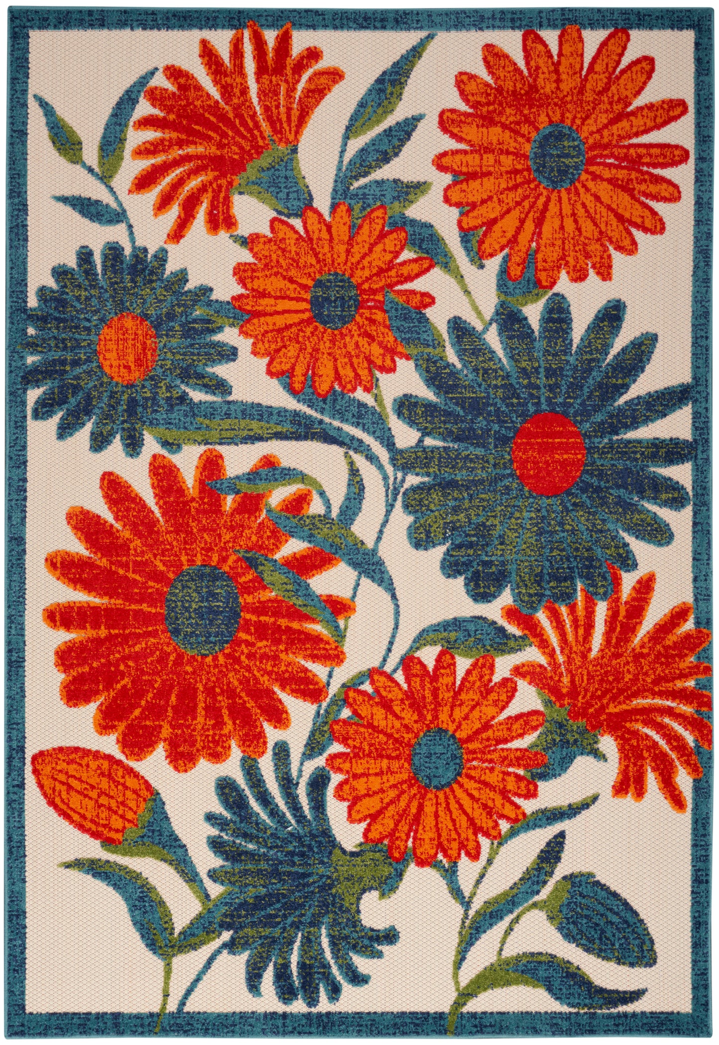 Decorative floral rug with bold orange and blue daisies, green stems on cream background with teal border.