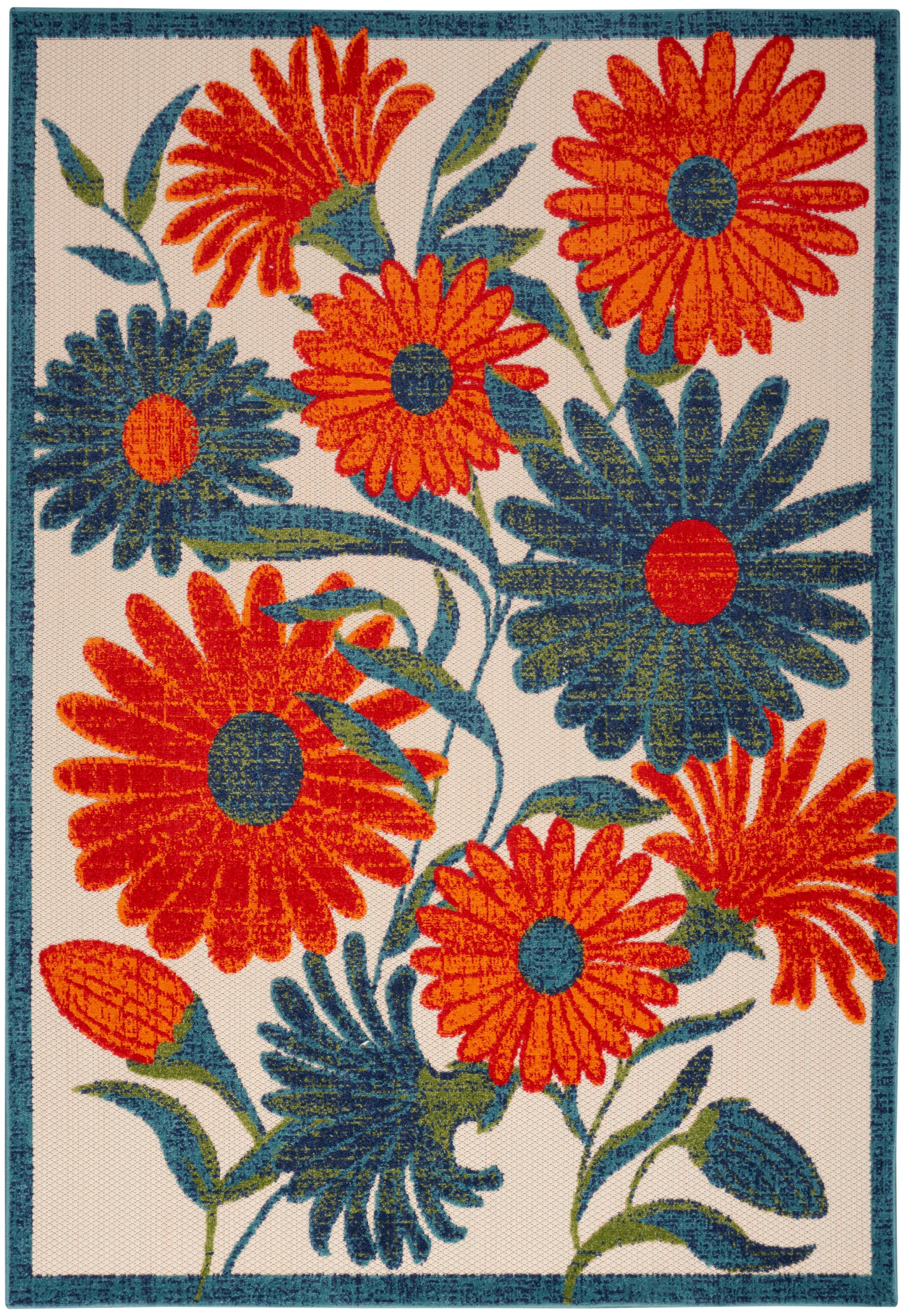Decorative floral rug with bold orange and blue daisies, green stems on cream background with teal border.