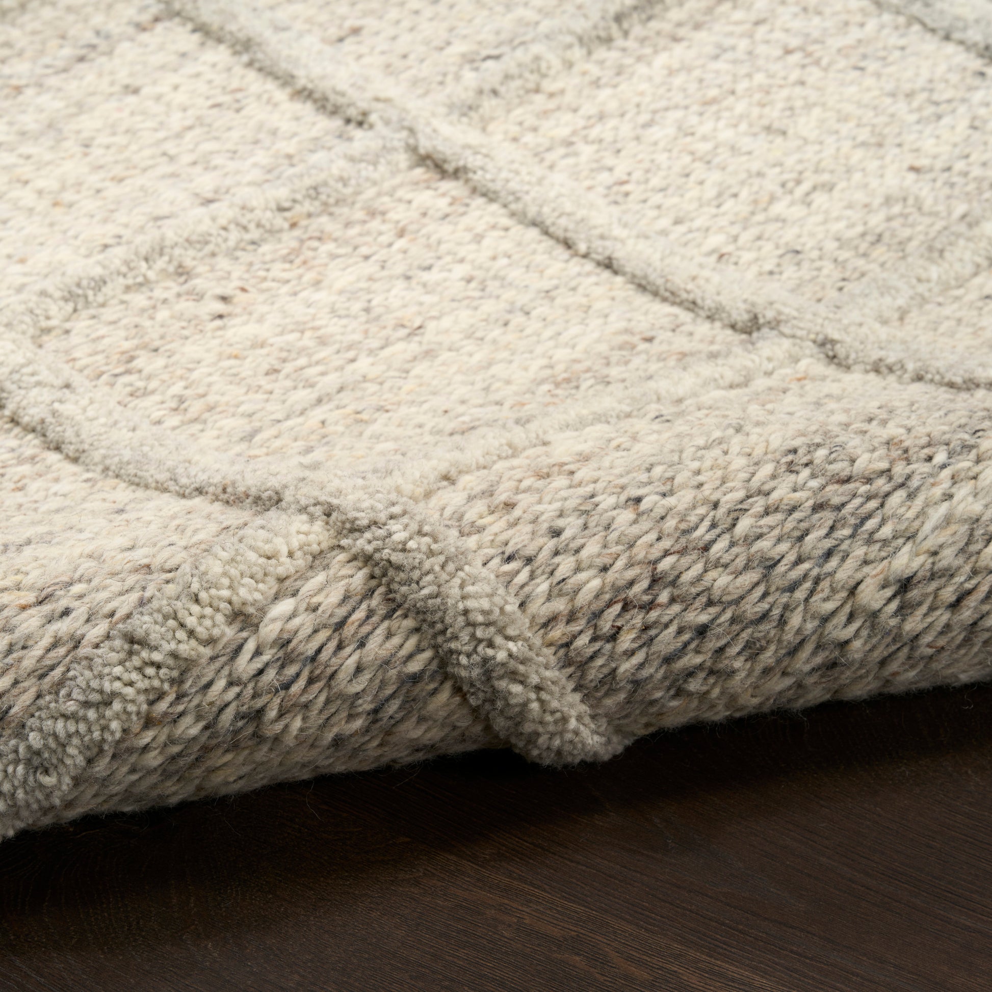 Beige plush area rug with soft loop pile and subtle geometric lines, folded edge on dark wood floor.