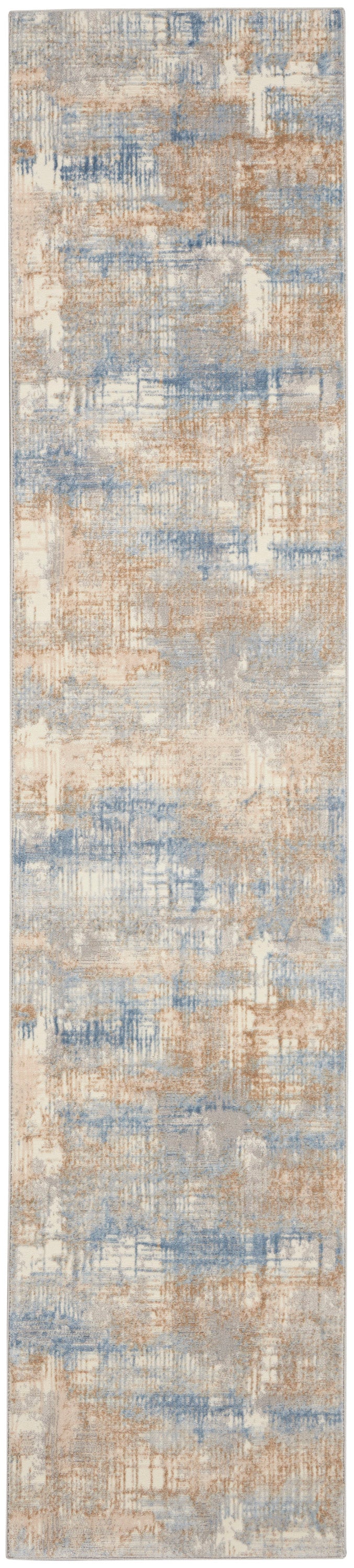 Abstract patterned runner rug in blue, beige and taupe; rectangular, low-pile, modern decor.