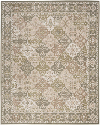 Neutral oriental rug with beige, taupe, sage and cream hues; intricate floral medallions and bordered frame.