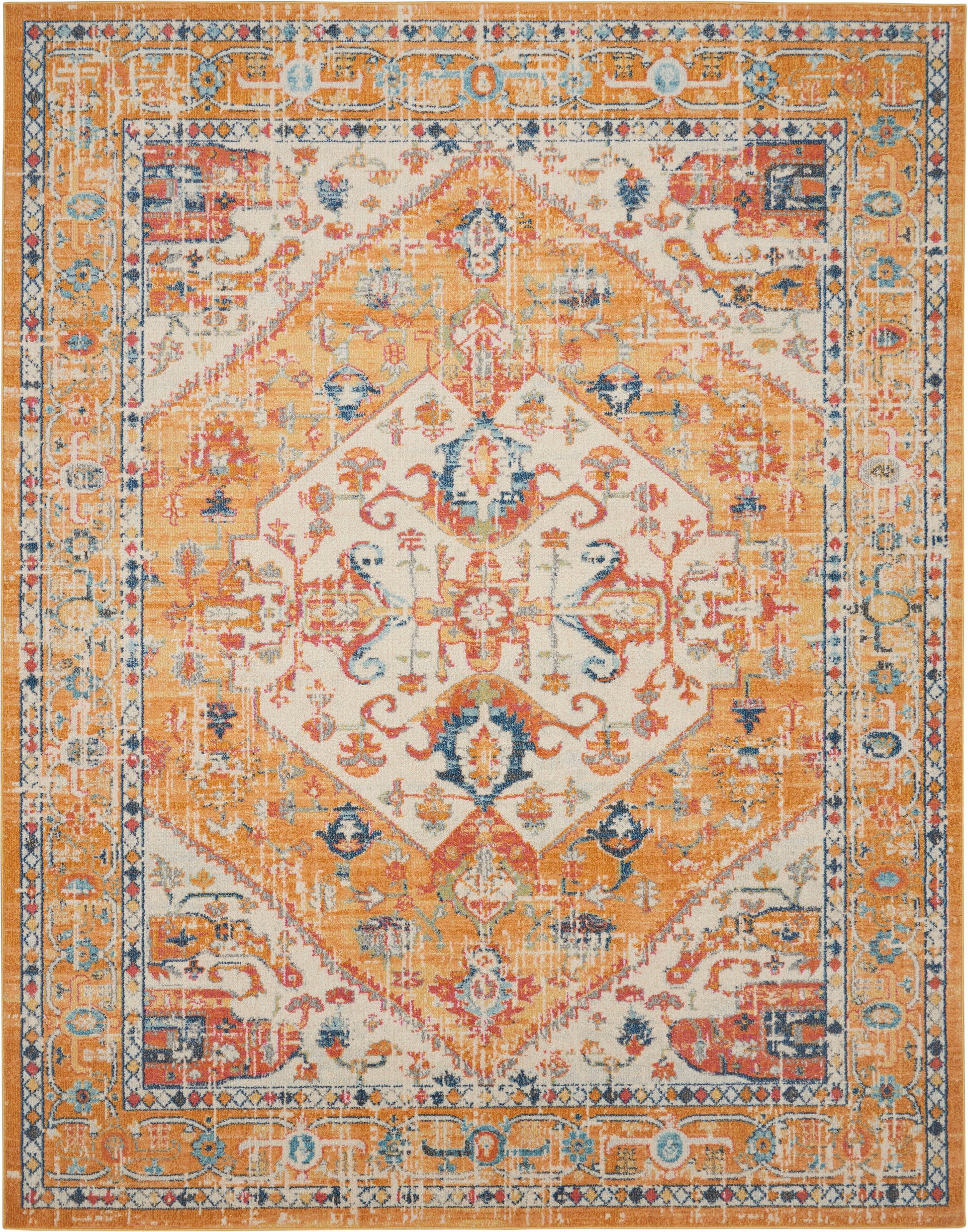 Vintage-inspired Persian rug with warm orange field, ivory central diamond medallion, blue accents, intricate floral border.