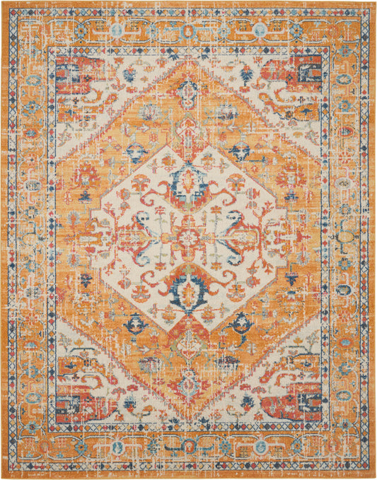 Vintage-inspired Persian rug with warm orange field, ivory central diamond medallion, blue accents, intricate floral border.