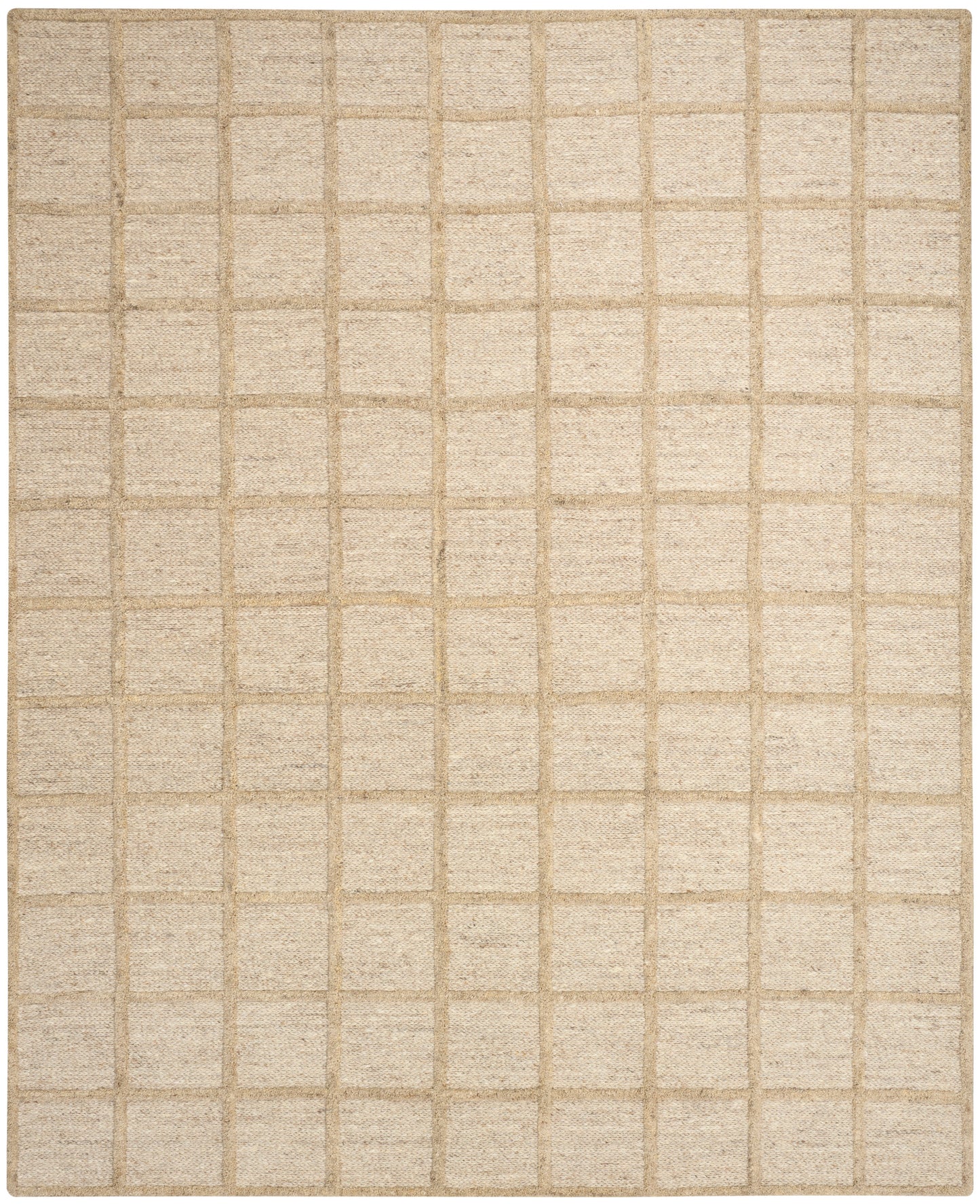 Beige woven area rug with subtle square grid pattern in light brown lines.