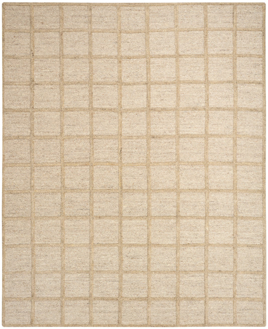 Beige woven area rug with subtle square grid pattern in light brown lines.
