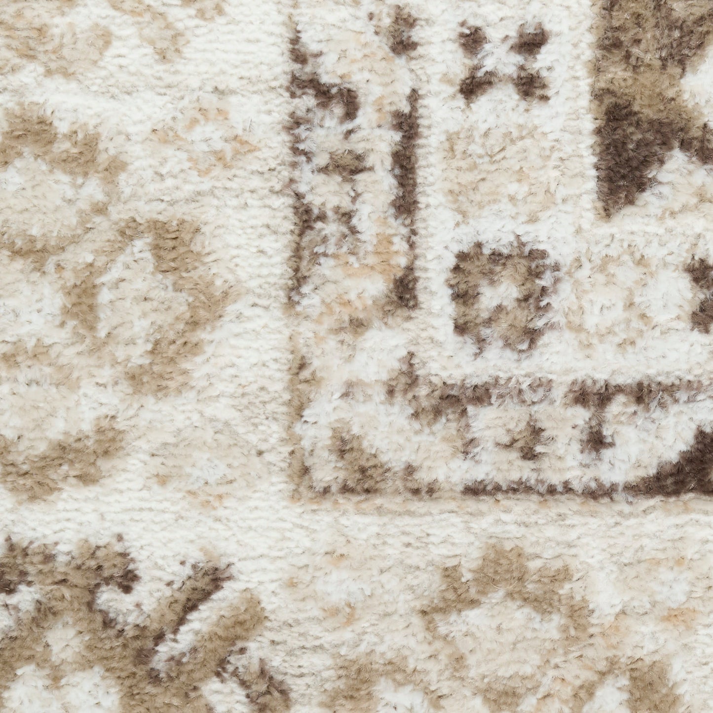 Close-up of a beige shag rug with brown geometric border and plush cream-tan fibers.