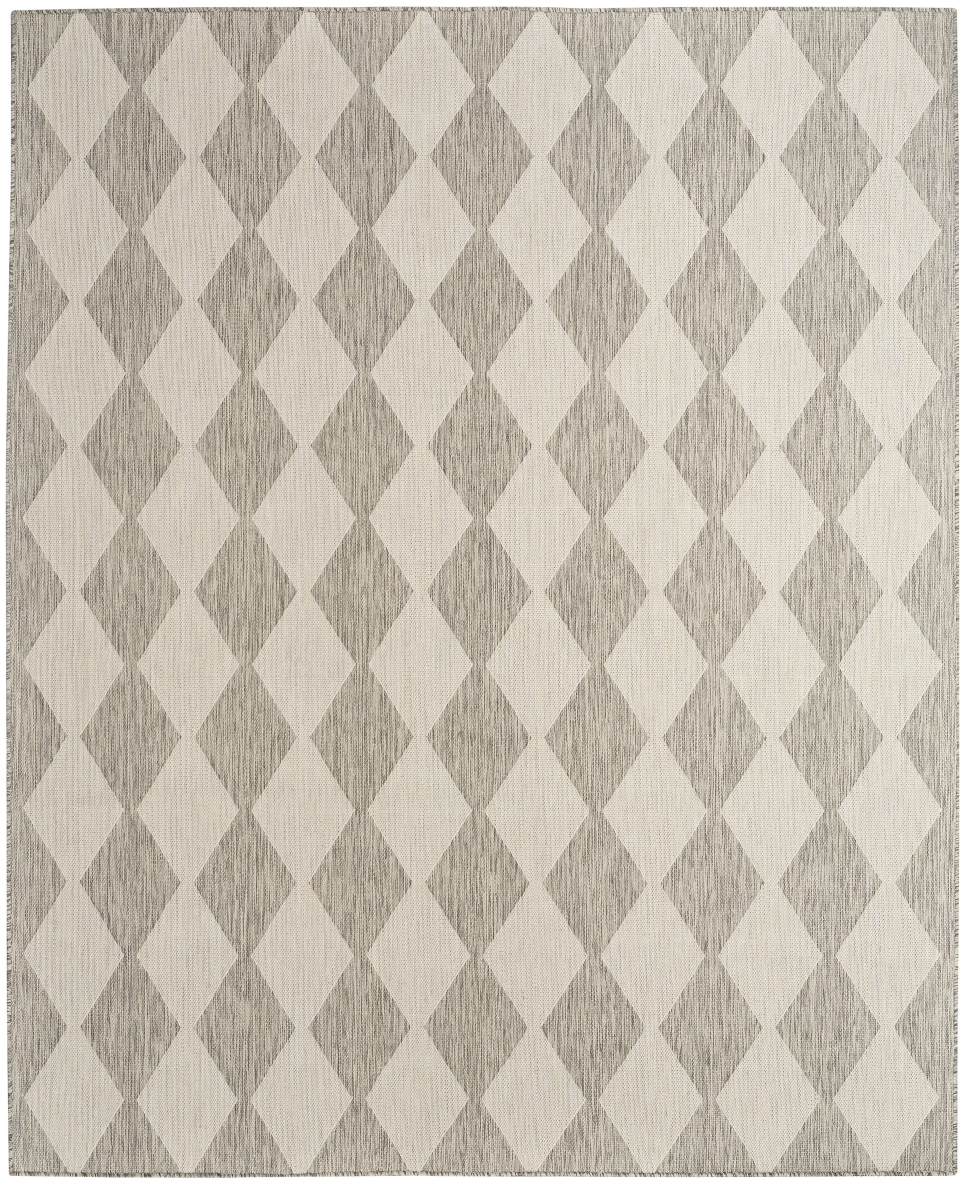 Rectangular rug with gray and beige diamond lattice pattern and textured woven surface.