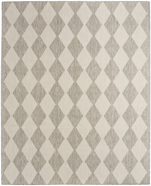 Rectangular rug with gray and beige diamond lattice pattern and textured woven surface.