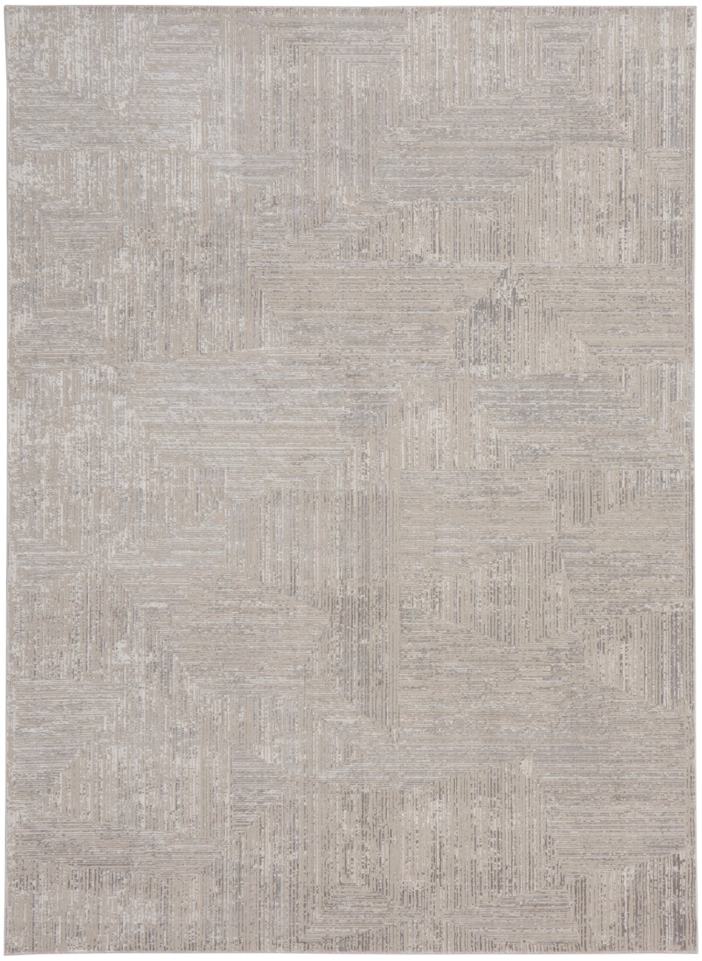 Beige and gray geometric area rug with subtle patchwork blocks and linear texture.