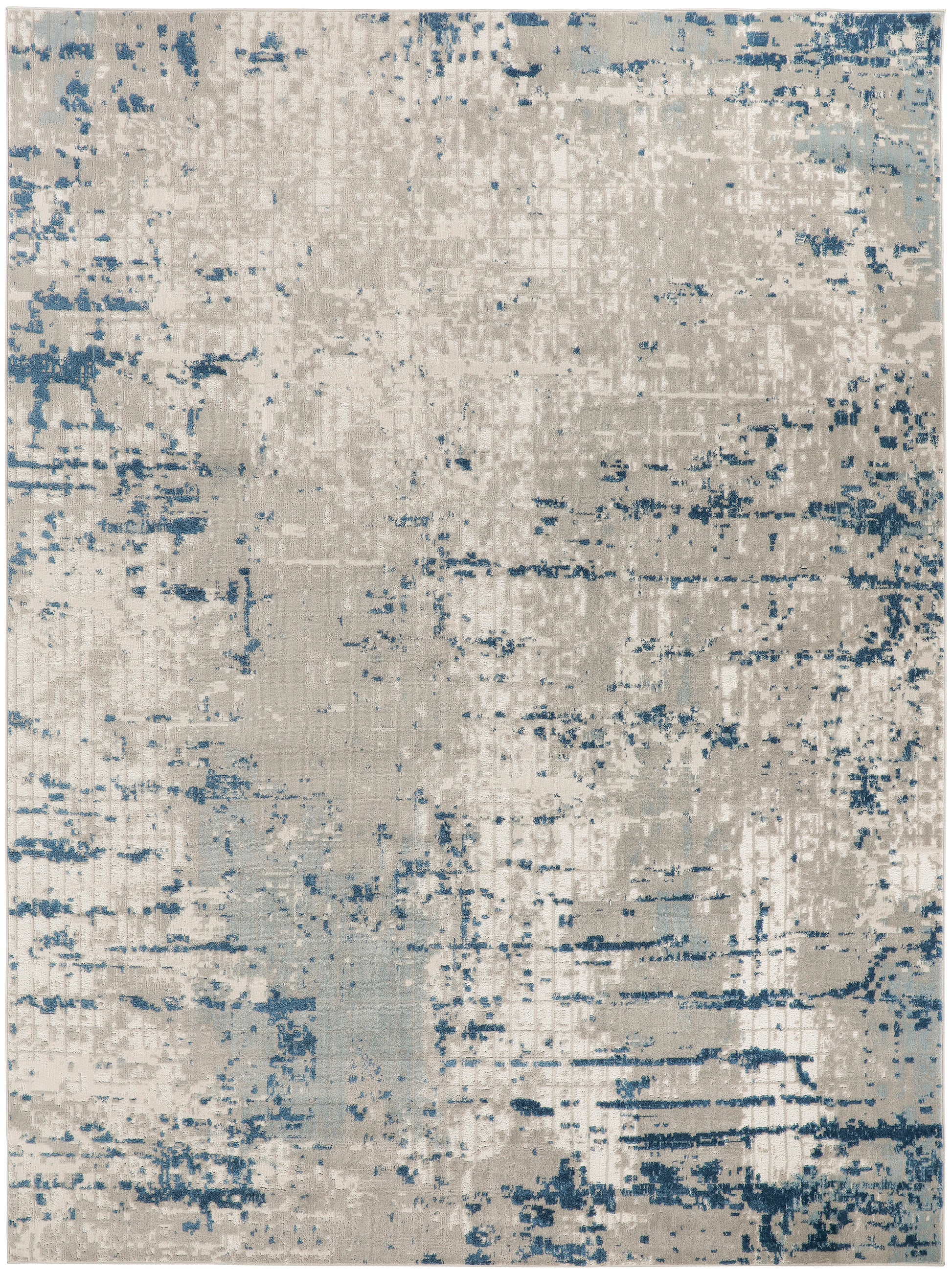 Rectangular beige rug with blue distressed abstract pattern; woven texture, modern neutral decor for living rooms.