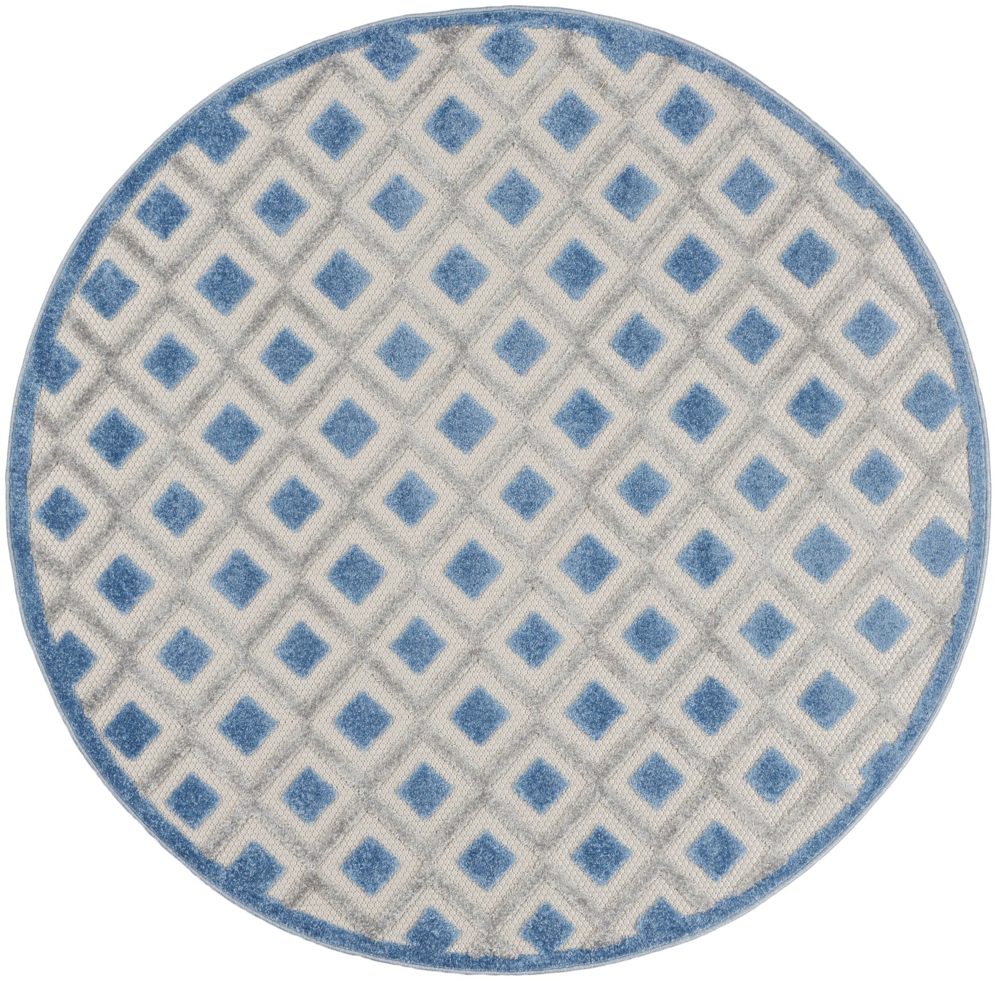 Round area rug with light gray background, blue diamond lattice pattern, and blue border.