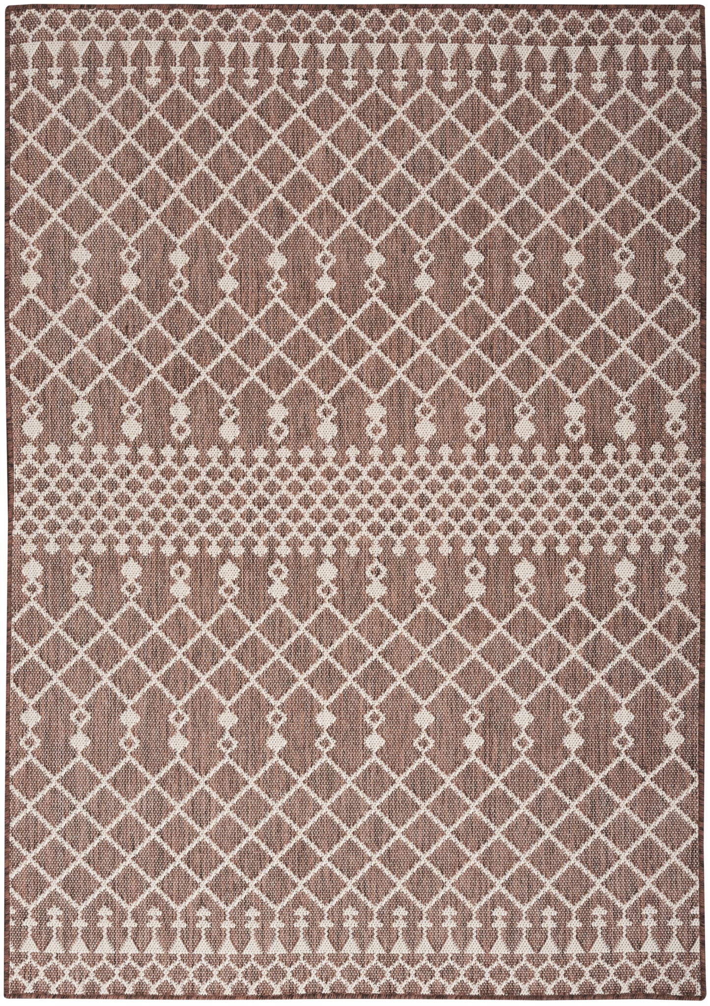 Brown woven area rug with white diamond lattice and decorative border bands in a neutral geometric pattern.