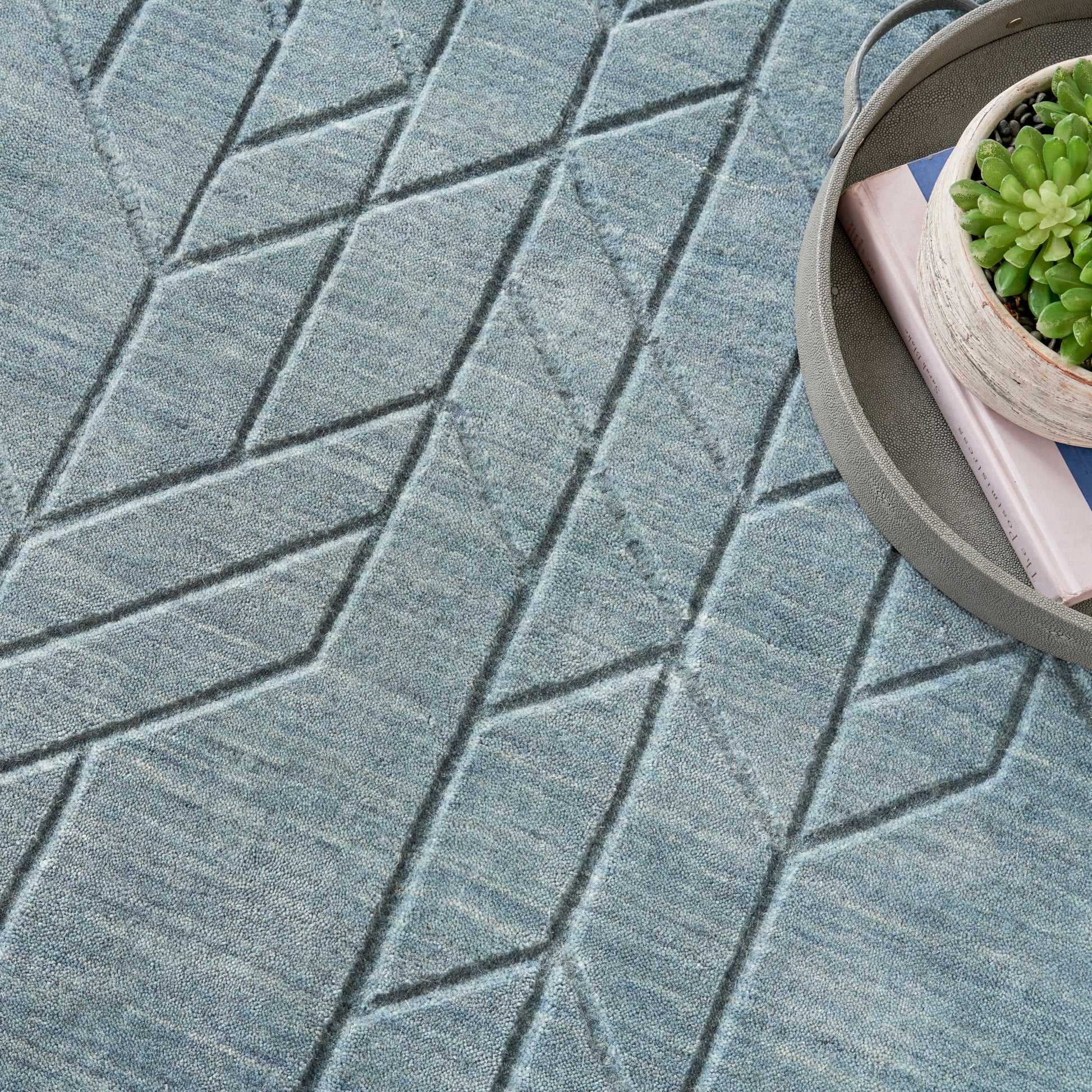 Blue geometric rug with chevron pattern; round metal tray in corner holding a succulent and books.