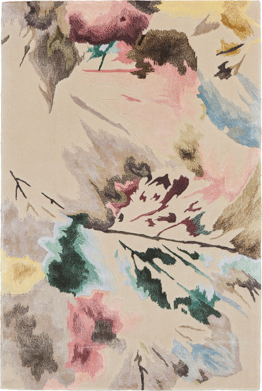Abstract floral area rug; beige with pastel pink, green, blue and yellow shapes in watercolor-inspired motif.