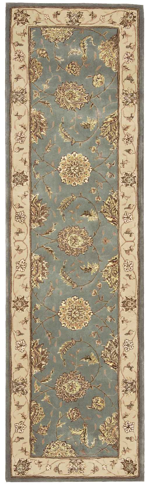 Traditional Persian-style runner rug, blue field with gold floral medallions, beige border and brown trim.