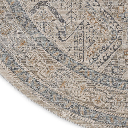 Round distressed oriental rug in muted blues, beiges and ivory with geometric border; woven vintage look.