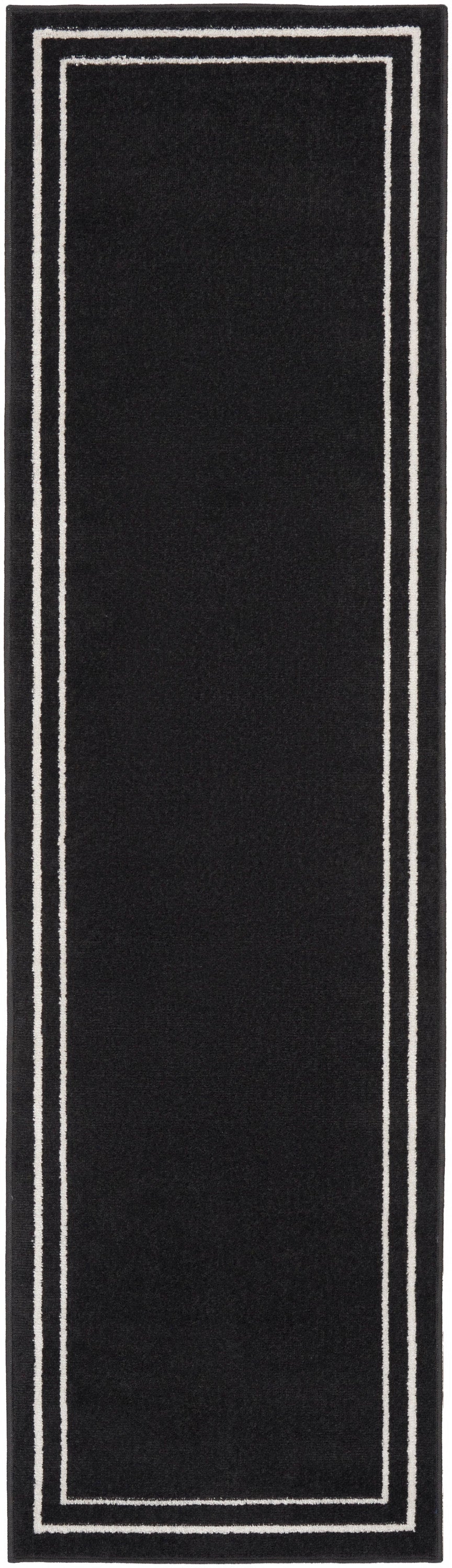 Black rectangular runner rug with double white border lines framing a solid center.