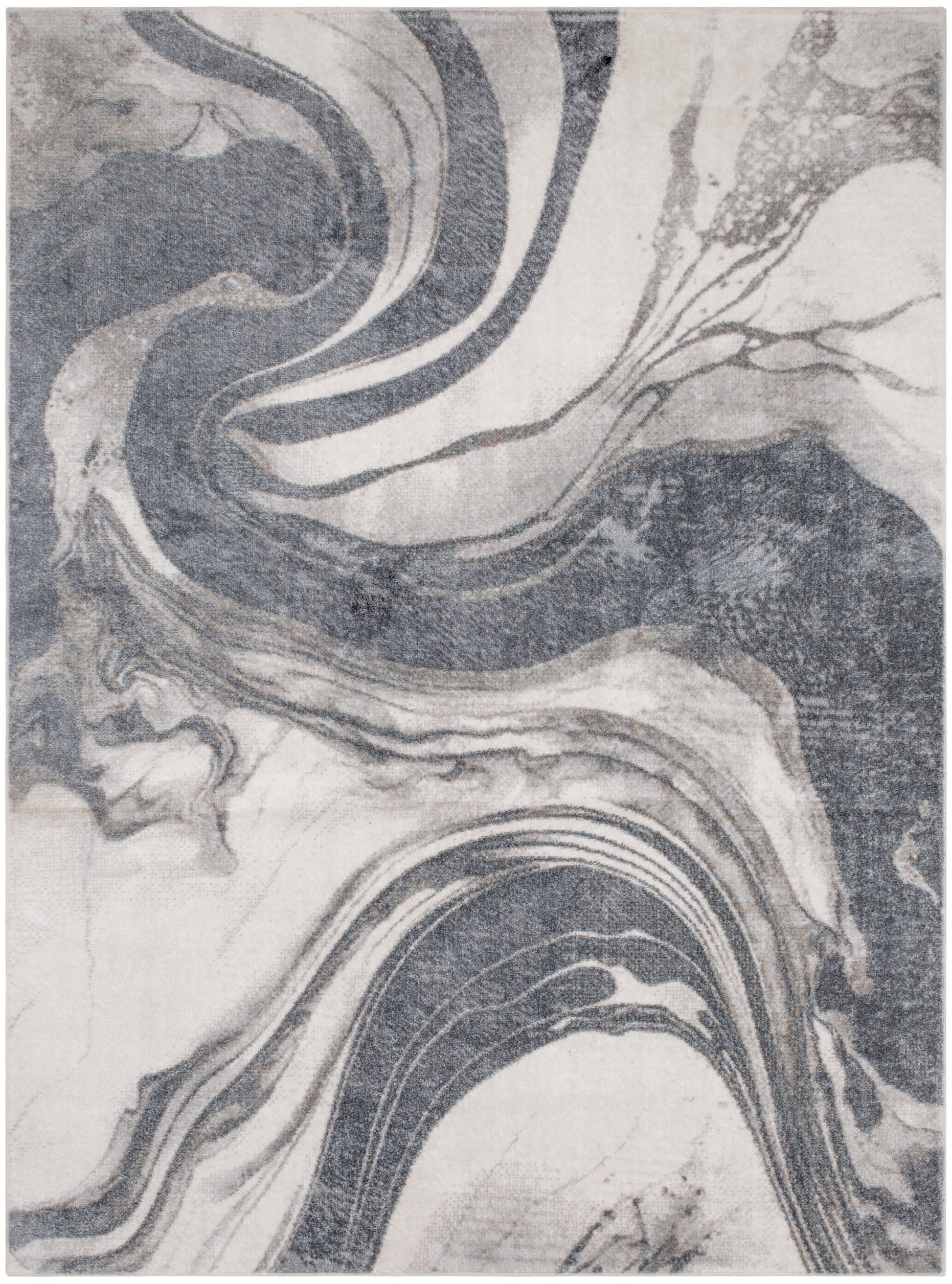 Abstract marble-gray area rug with swirling charcoal and light-gray bands in a modern, geometric art style.