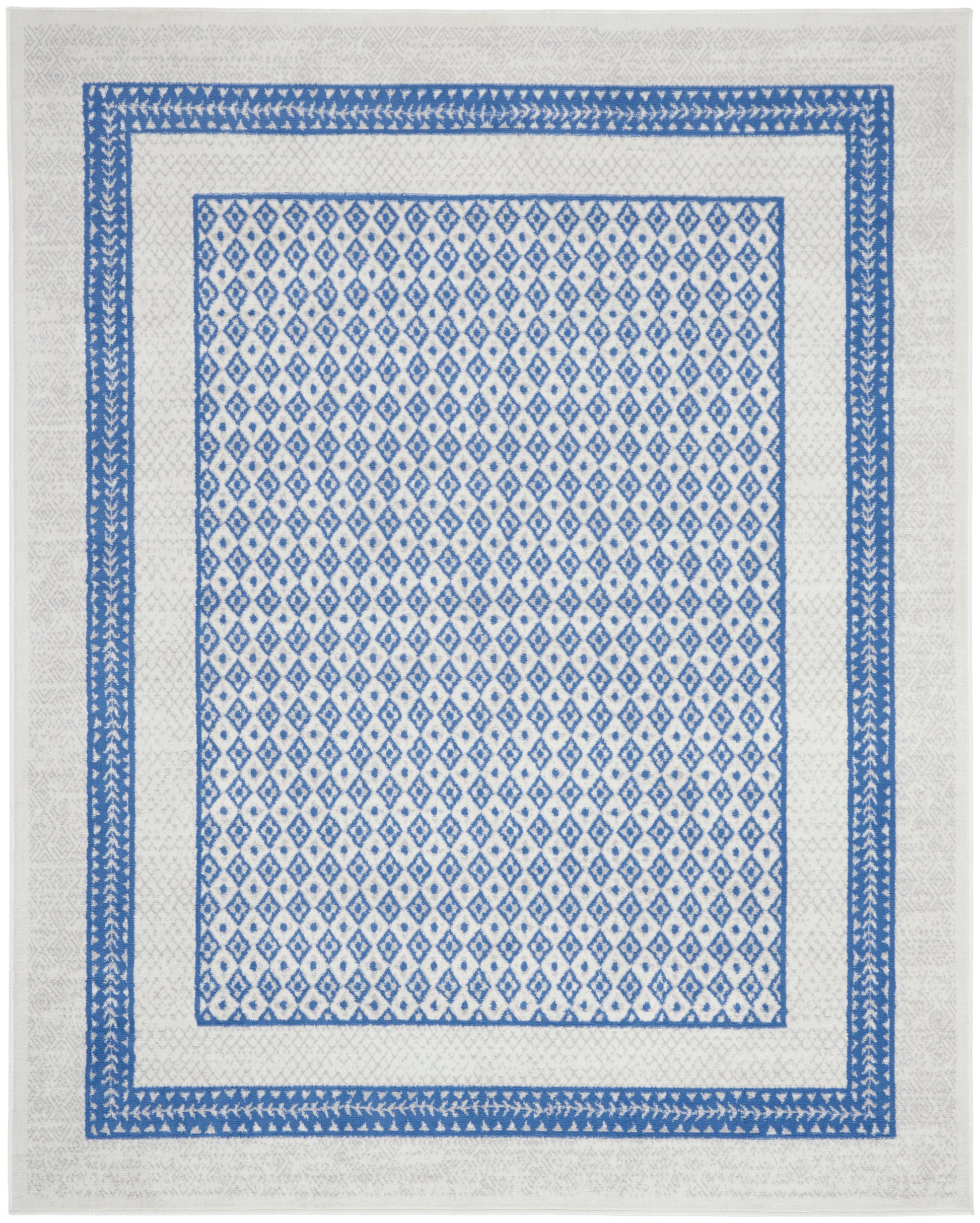 Blue and white area rug with dense diamond lattice center and multiple blue border bands.