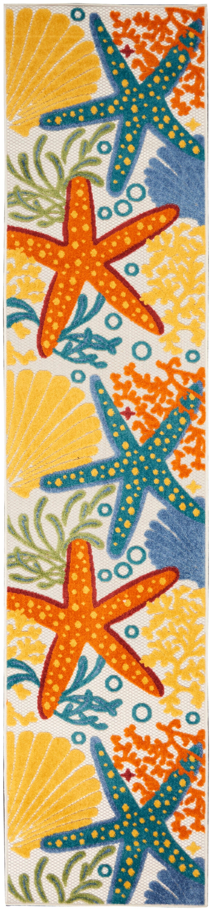 Coastal nautical rug runner with an ocean reef pattern, featuring orange and blue starfish, yellow shells, coral, seaweed and bubbles.