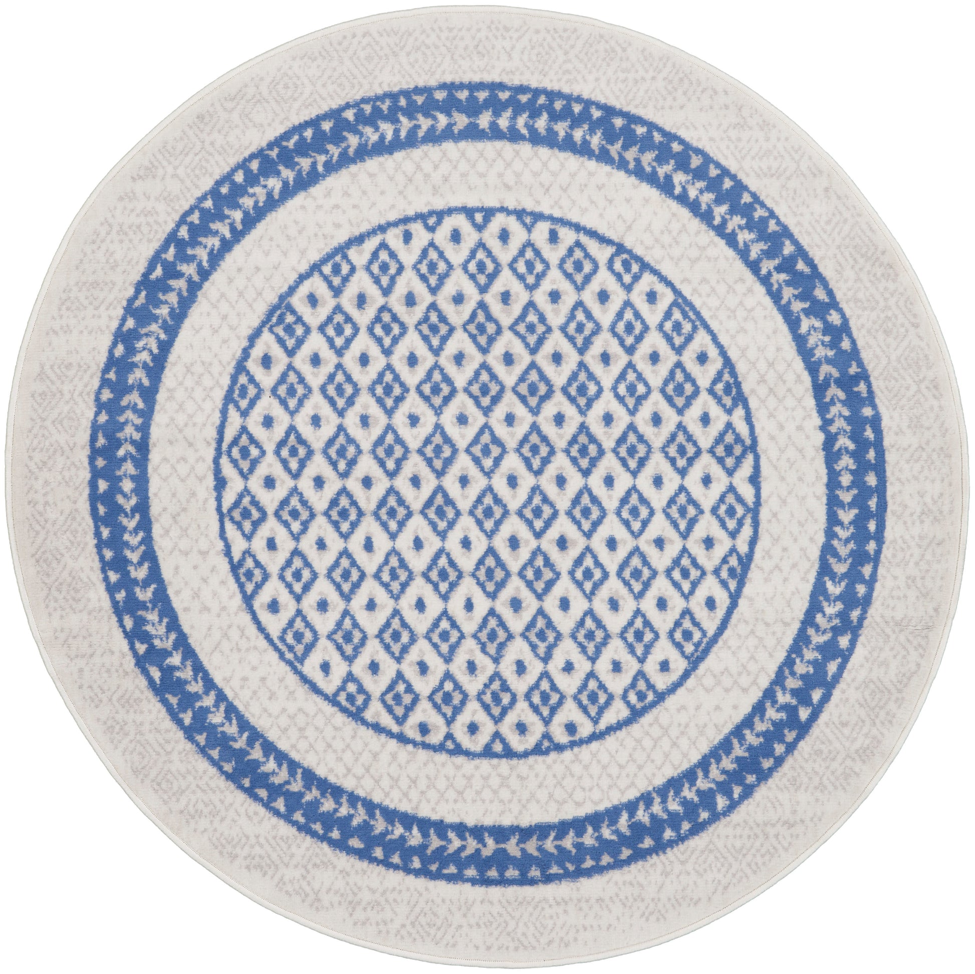 Round white ceramic plate with a blue geometric lattice center and blue patterned rings; decorative dinner plate.