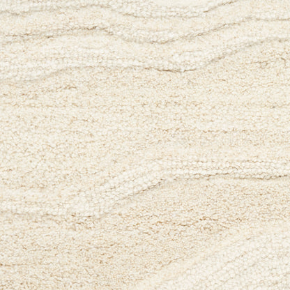 Beige cream plush rug close-up with soft looped pile and subtle wavy pattern; suitable for floor use.