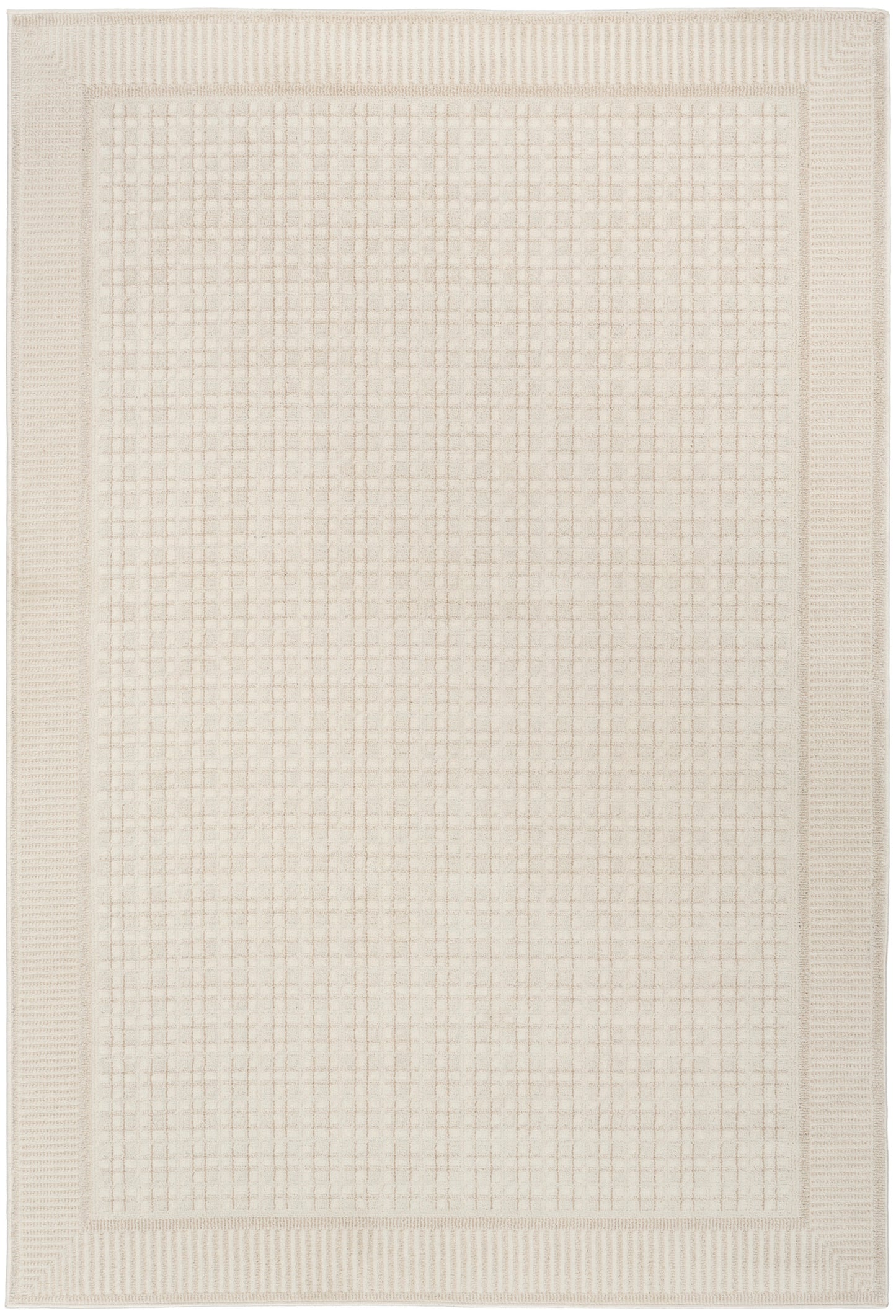Beige rectangular rug with a soft grid pattern in the center and a textured bordered edge, neutral modern living-room rug.