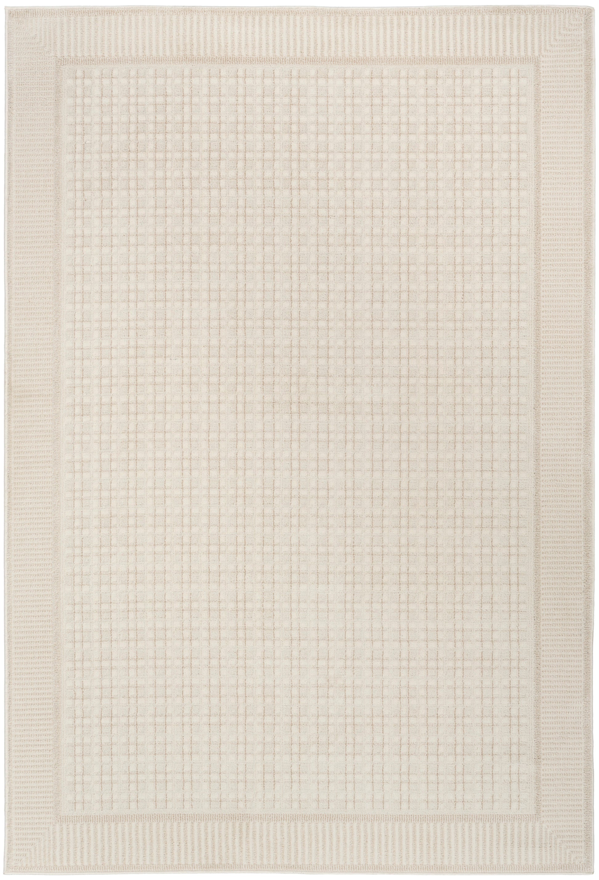Beige rectangular rug with a soft grid pattern in the center and a textured bordered edge, neutral modern living-room rug.