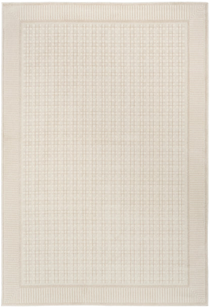 Beige rectangular rug with a soft grid pattern in the center and a textured bordered edge, neutral modern living-room rug.